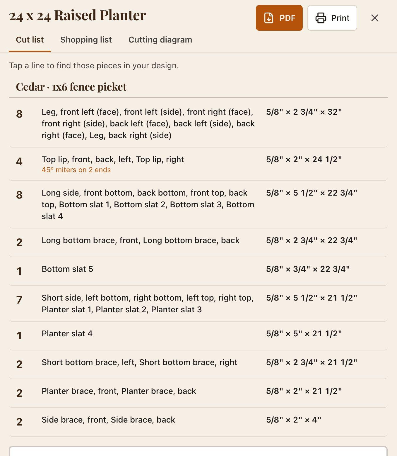 The Designer's cut list for a 24 x 24 raised planter, grouped by board with every piece's final size